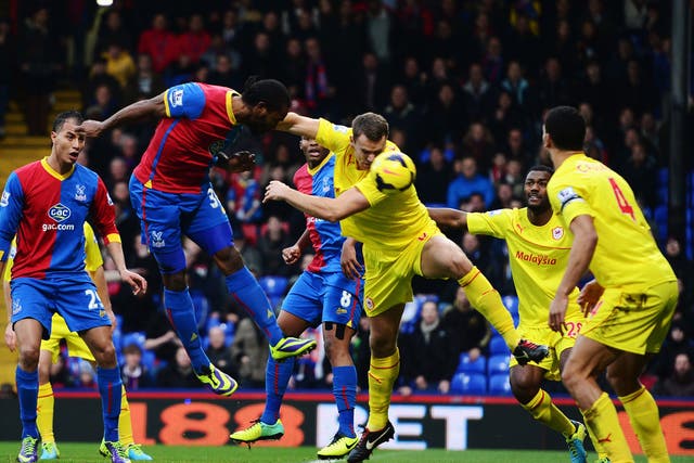 Cameron Jerome of Crystal Palace scores with his head