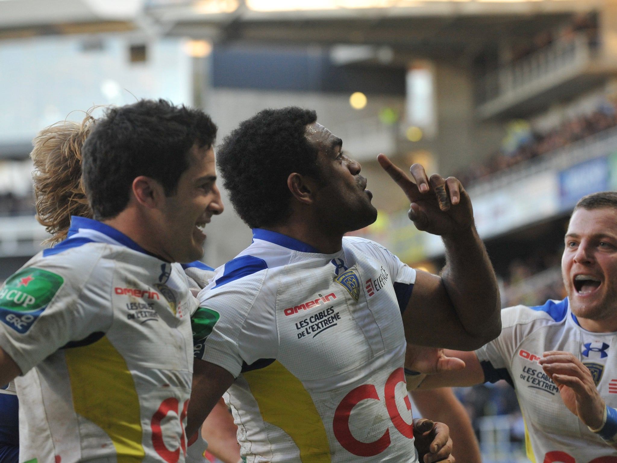 Clermont Auvergne wing Napolioni Nalaga celebrates one of his two tries against the Scarlets