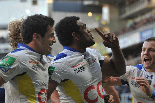 Clermont Auvergne wing Napolioni Nalaga celebrates one of his two tries against the Scarlets