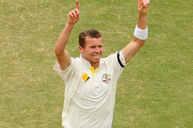 Peter Siddle celebrates taking the wicket of Kevin Pietersen for the ninth time in Test cricket
