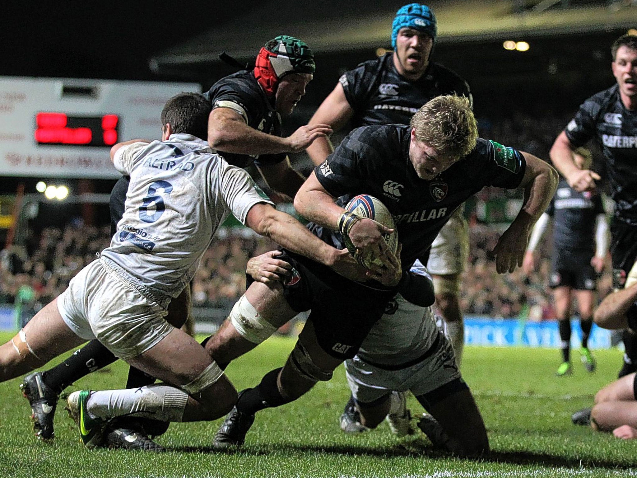 Jamie Gibson goes over from close range for Leicester against Montpellier on Sunday