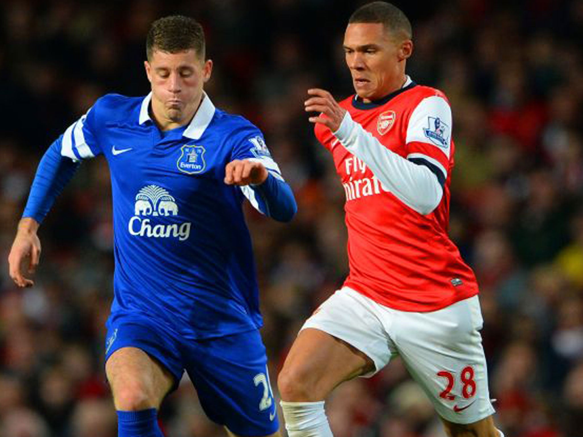 Ross Barkley evades the challenge of Kieran Gibbs during Everton's 1-1 draw at Arsenal on Sunday