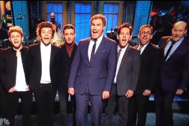 One Direction and the cast of Anchorman midway through their sing-along