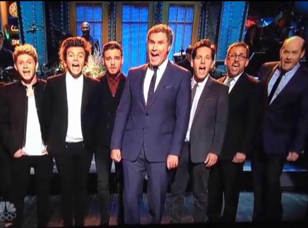 One Direction and the cast of Anchorman midway through their sing-along