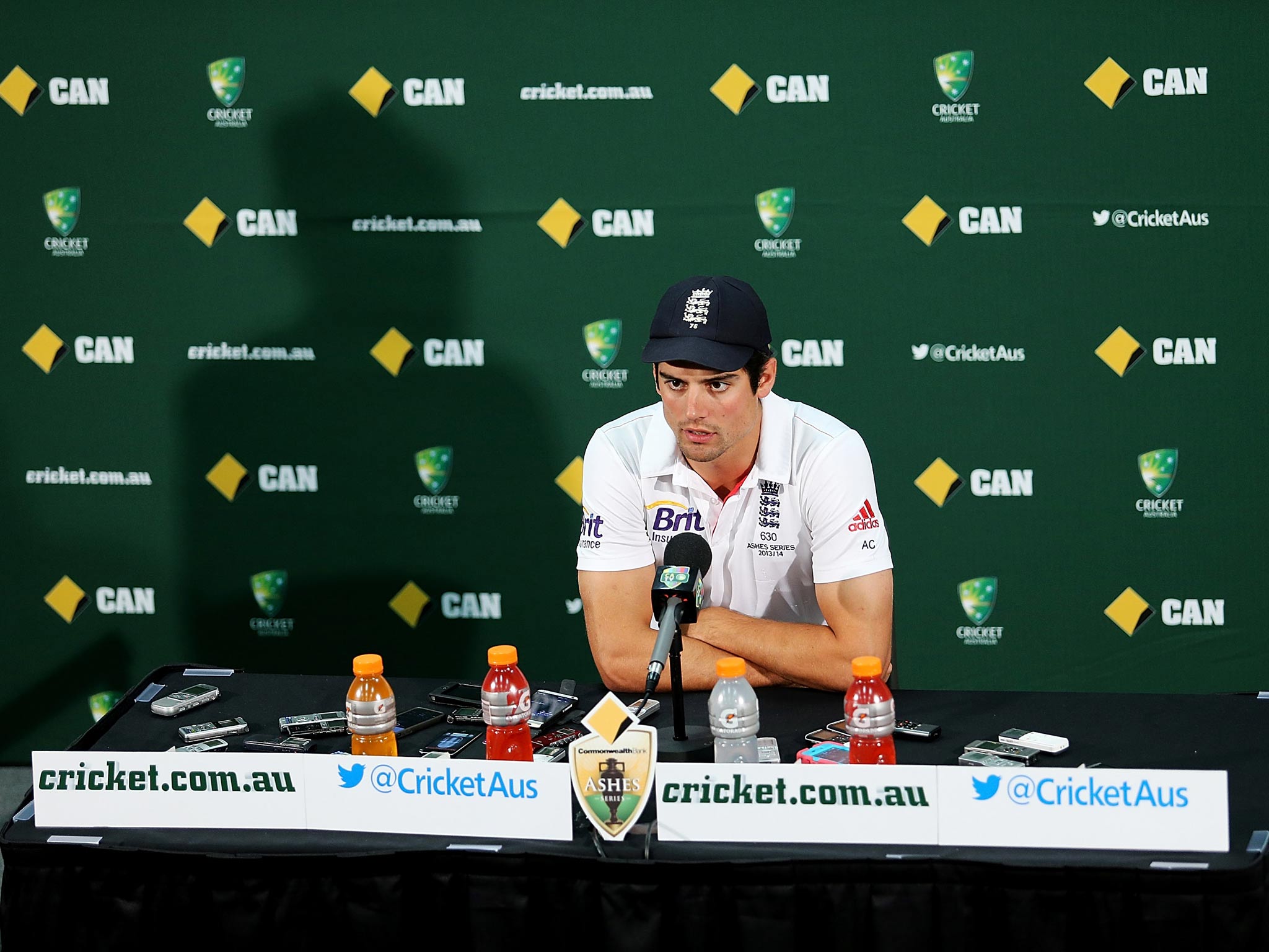 Alastair Cook talks to the press following England's second defeat in the Ashes series