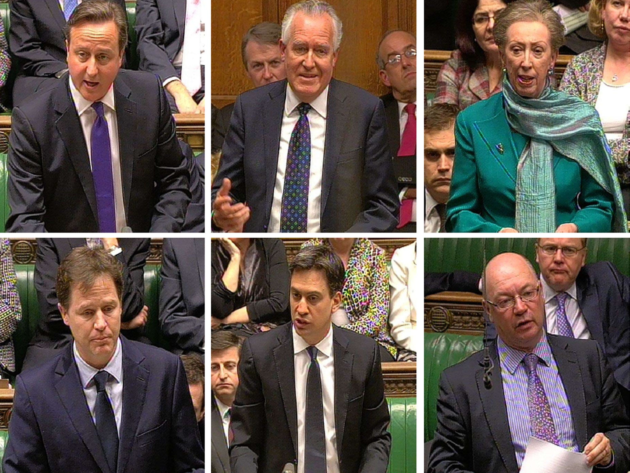 Clockwise from top left: David Cameron, Peter Hain, Dame Margaret Beckett, Alistair Burt, Ed Miliband and Nick Clegg in the Commons
