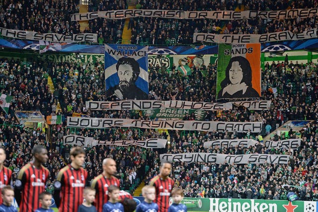 Celtic fans display controversial banners which has seen Uefa take disciplinary action against the Scottish club