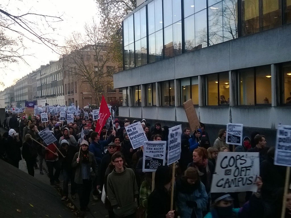 Students protesting the presence of police at the University of London