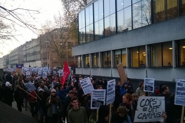 Students protesting the presence of police at the University of London