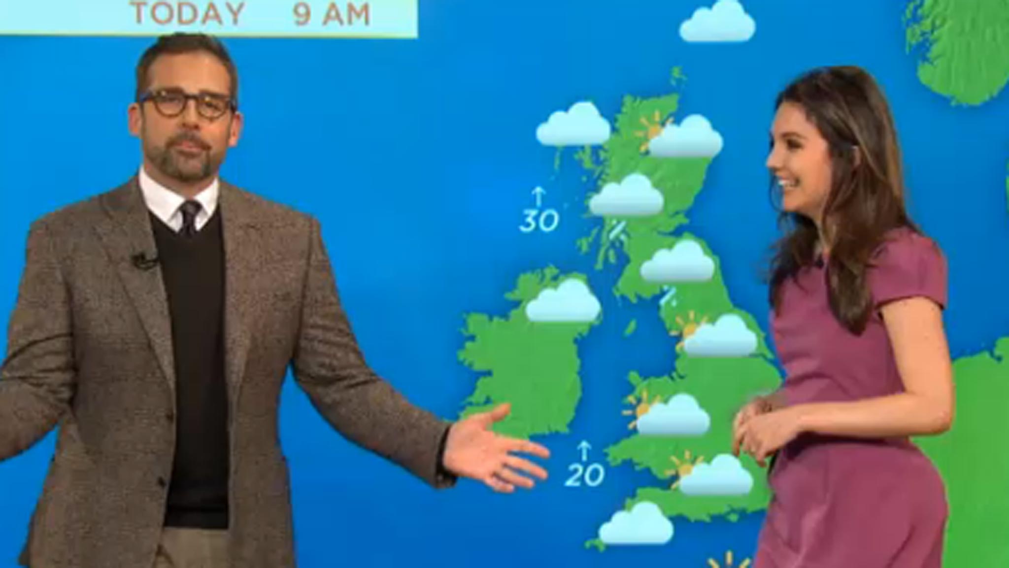 Steve Carell and Laura Tobin present the weather on this morning's Daybreak