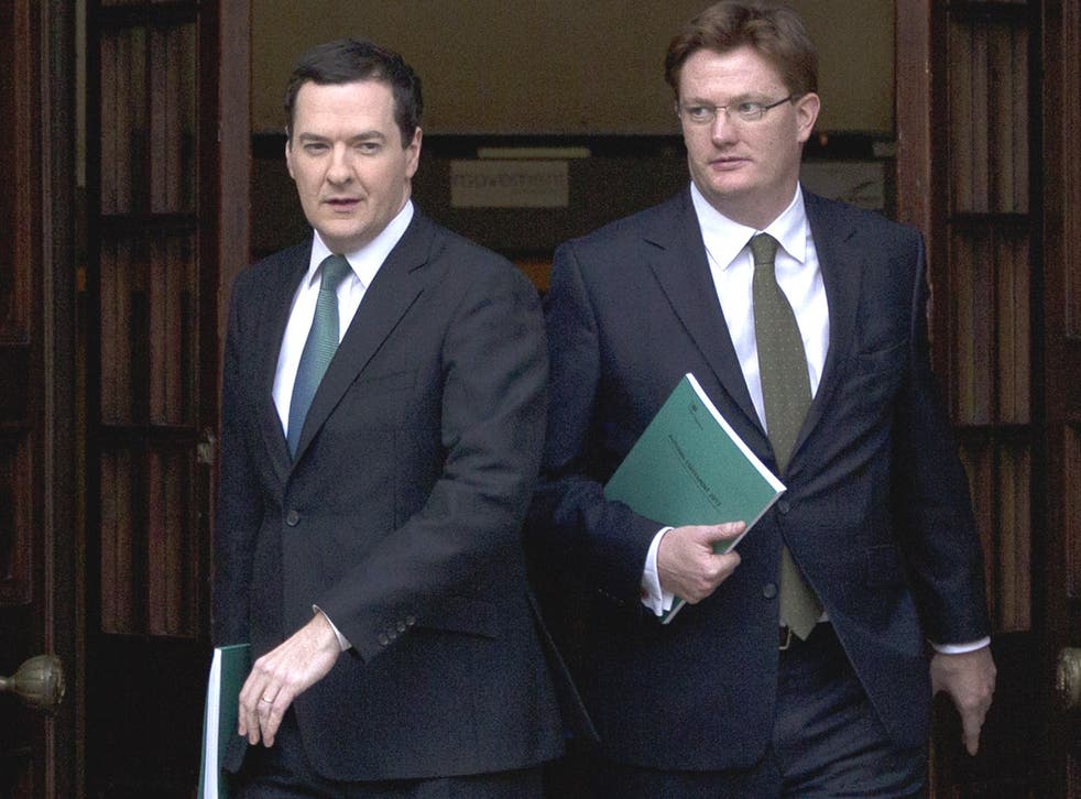 Treasury Chief Secretary Danny Alexander, right, and Chancellor George Osborne leave the Treasury on their way to the House of Commons for the Autumn statement last week