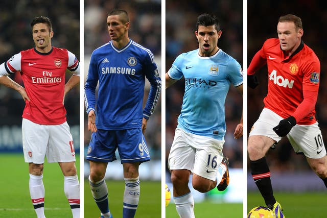 Olivier Giroud of Arsenal, Fernando Torres of Chelsea, Sergio Aguero of Manchester City and Wayne Rooney of Manchester United