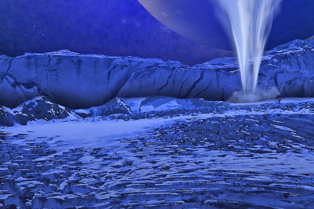 Artistic illustration of Europa's icy surface with a water jet in the foreground and Jupiter and the Sun in the background