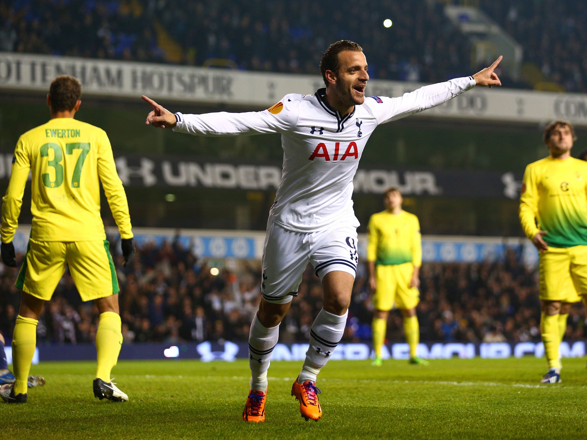 Roberto Soldado celebrates the first of his three goals for Tottenham Hotspur last night