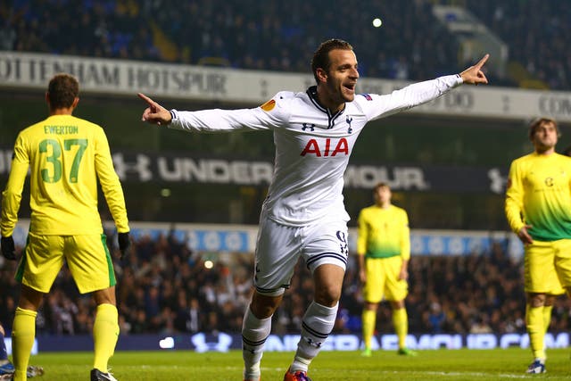 Roberto Soldado celebrates the first of his three goals for Tottenham Hotspur last night
