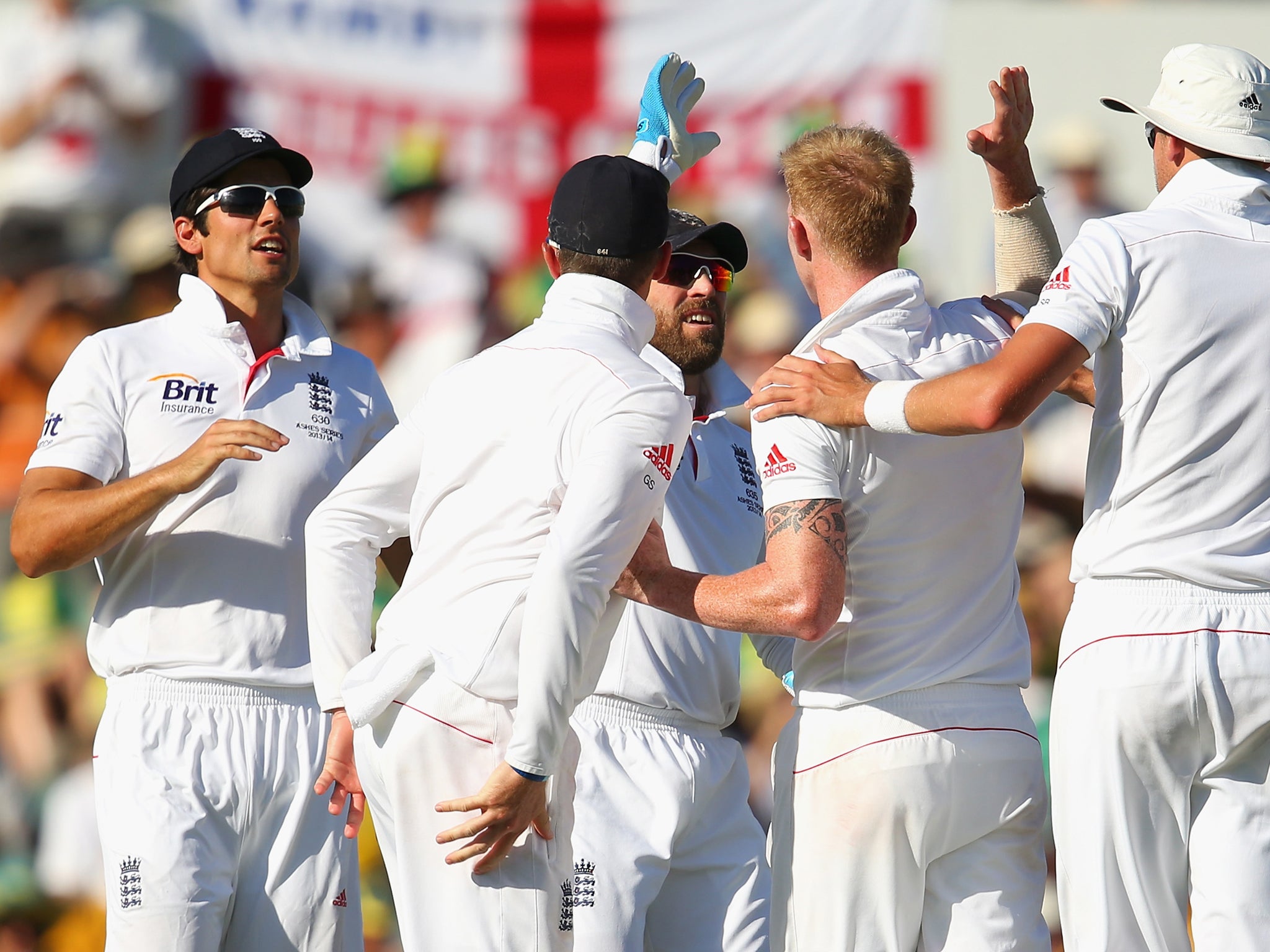 England celebrate the wicket of Brad Haddin but not before he had made 55
