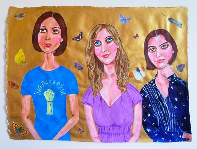 'Pussy riot butterfly' (Nadya, Masha & Katya), acrylic and collage on handmade paper, 2013