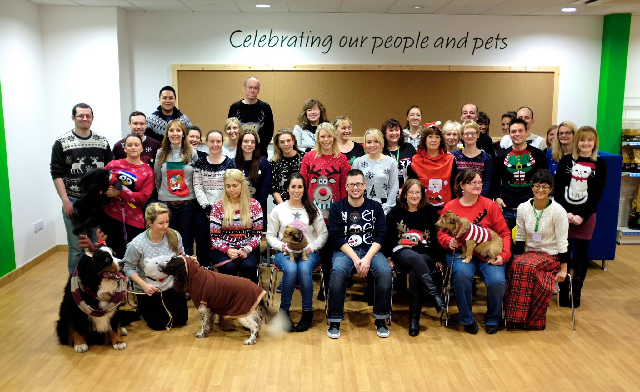 Christmas Jumper picture of Pets at Home head office employees and their pets dressed up for the occasion too