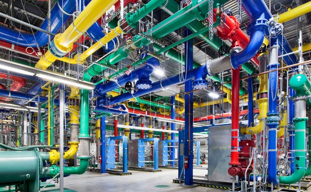 A look inside one of Google's data centers, with coloured pipes transporting water to cool servers.