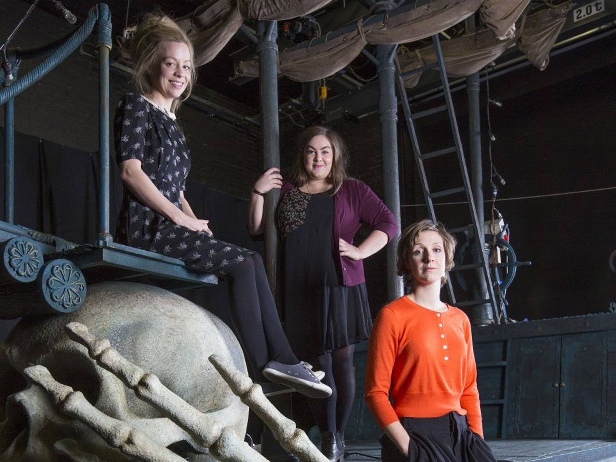 Girls on top: Playwright Ella Hickson (in orange) with Charlotte Mills, a ‘badass’ Tink, and Fiona Button (seated, far left) an assertive Wendy, backstage