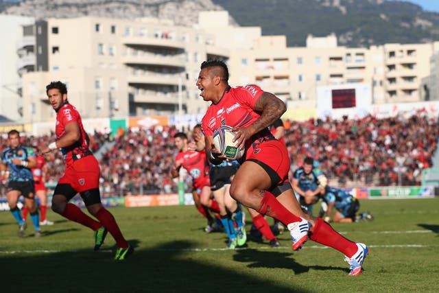 David Smith scores for Toulon in their Heineken Cup win over Exeter