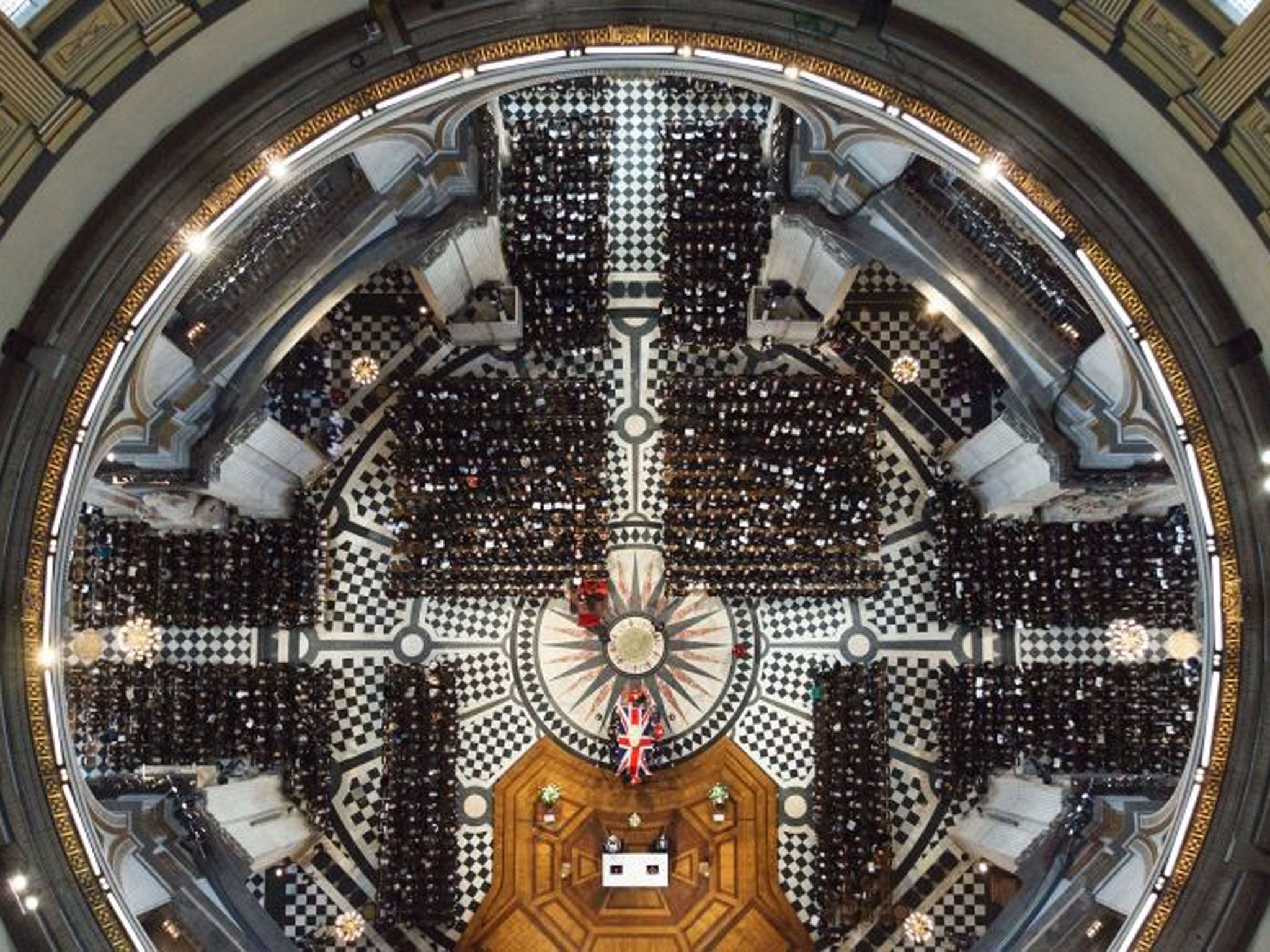 A bird's eye shot of Margaret Thatcher's funeral service