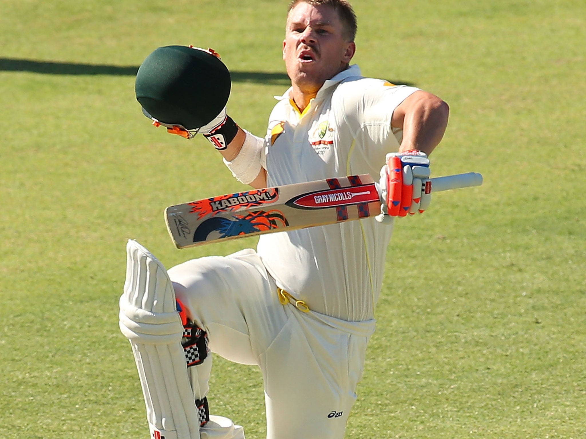 David Warner of Australia celebrates his century during day three of the Third Ashes Test Match between Australia and England