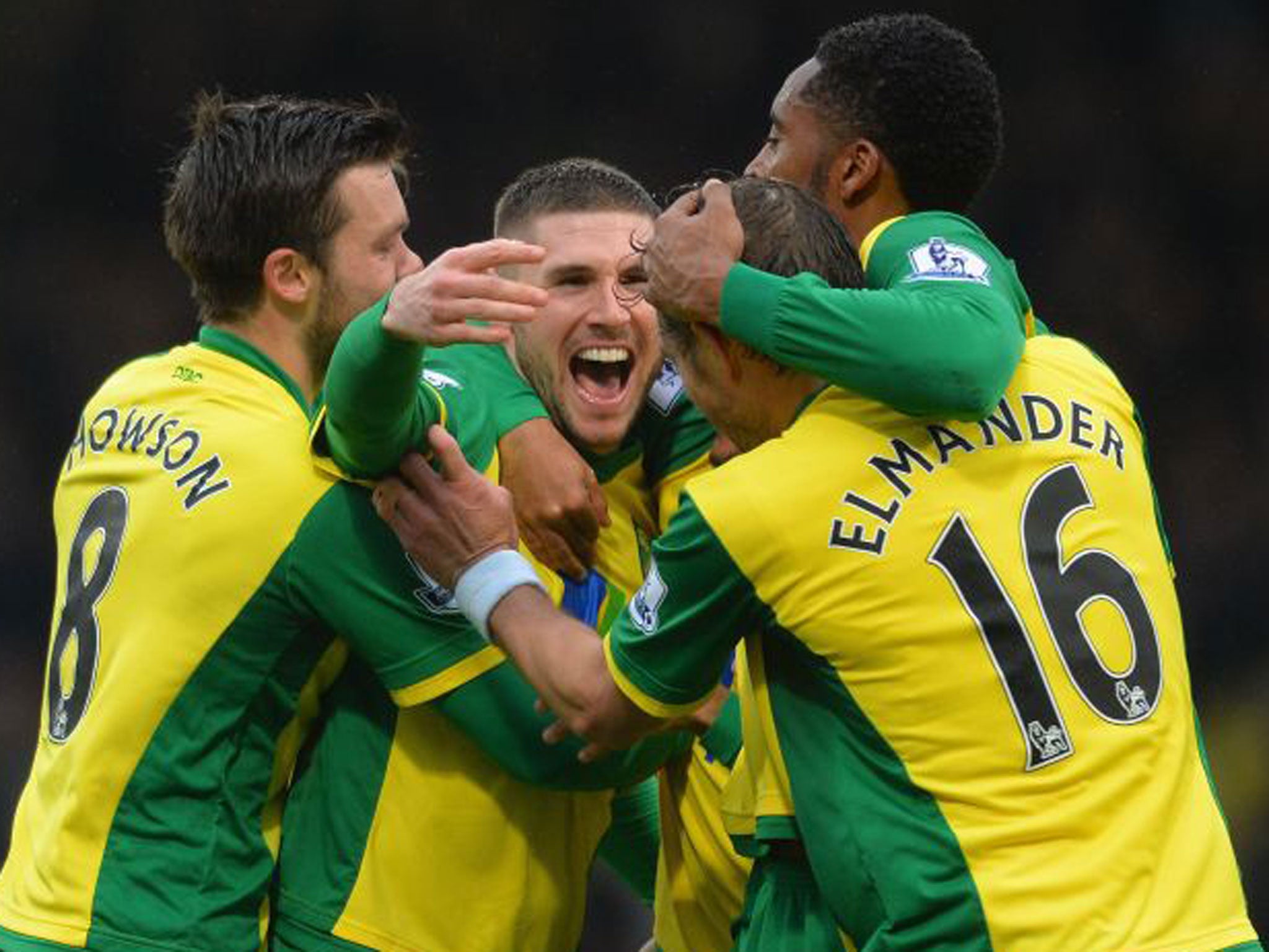 Gary Hooper celebrates his equaliser with Norwich team-mates