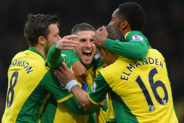 Gary Hooper celebrates his equaliser with Norwich team-mates