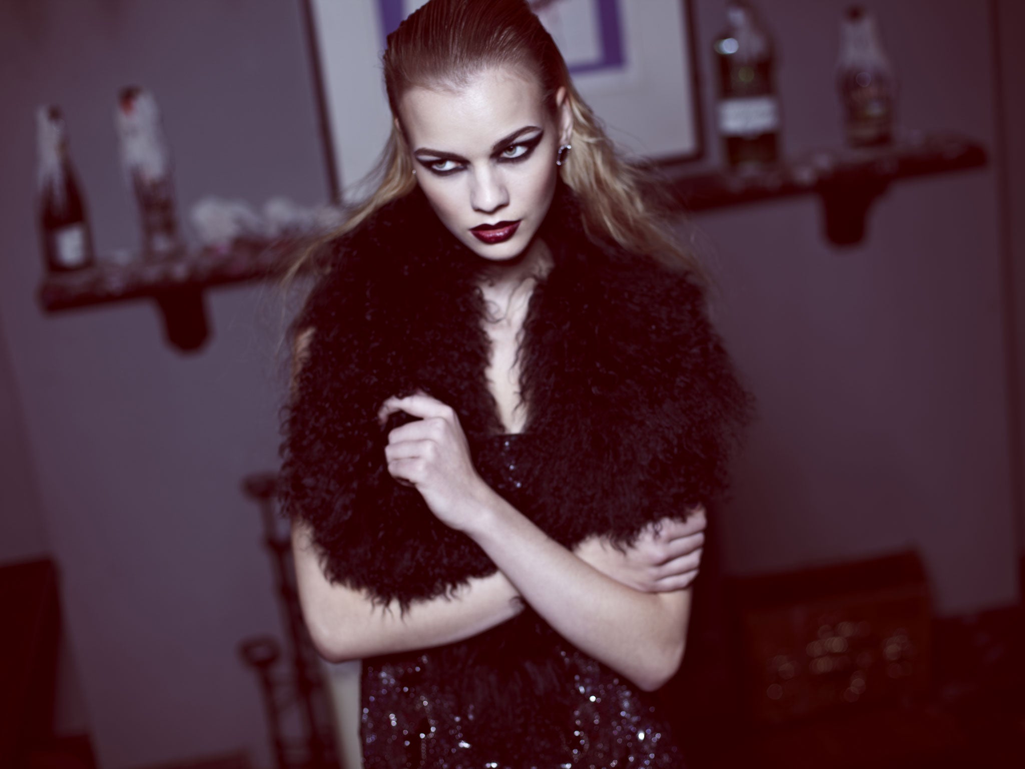 Sequin dress £328, allsaints.com; black fur tippet £60, riverisland.com; earrings £6.50, Diva, missselfridge.co.uk