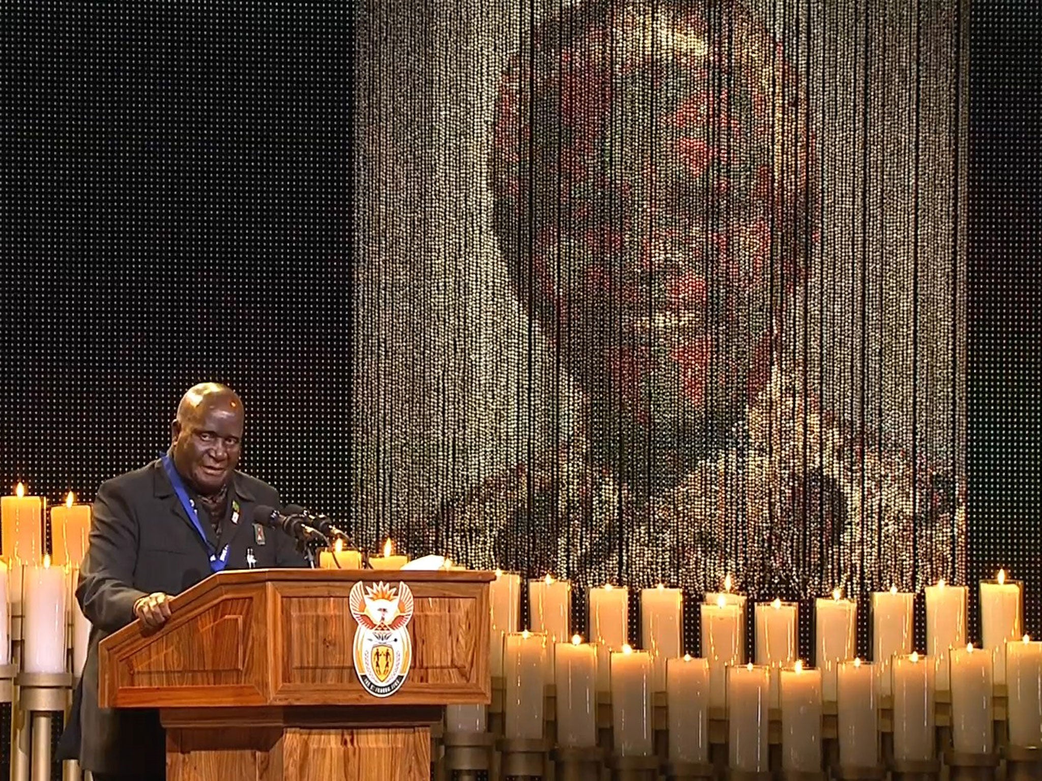 Zambia's President Kenneth David Kaunda speaking during the funeral service for late South African former President Nelson Mandela