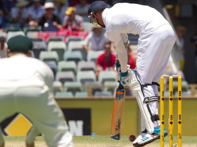 Stuart Broad is hit on the foot by a Mitchell Johnson full-toss delivery