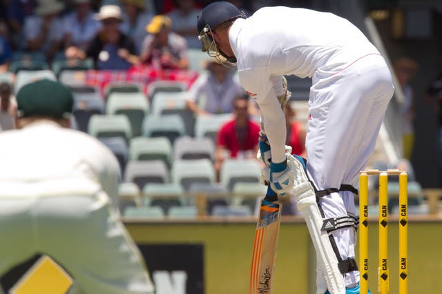 Stuart Broad is hit on the foot by a Mitchell Johnson full-toss delivery