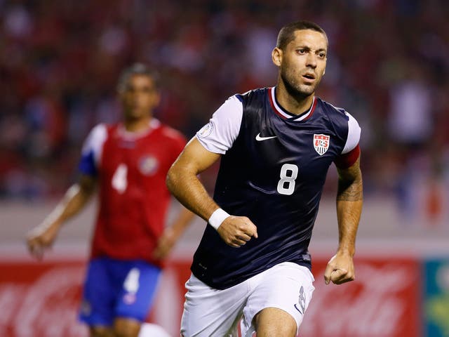 Clint Dempsey #8 of the United States reacts after scoring off a penalty kick against Costa Rica