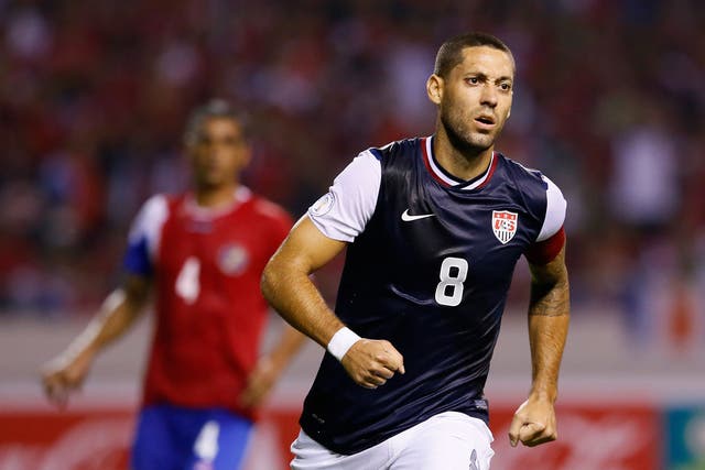 Clint Dempsey #8 of the United States reacts after scoring off a penalty kick against Costa Rica