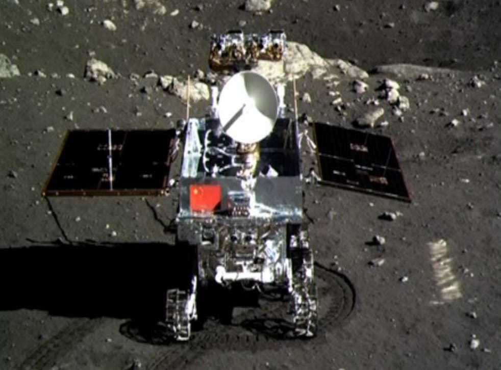 This screen grab taken from a CCTV footage shows a photo of the Jade Rabbit moon rover taken by the Chang'e-3 probe lander on December 15, 2013.