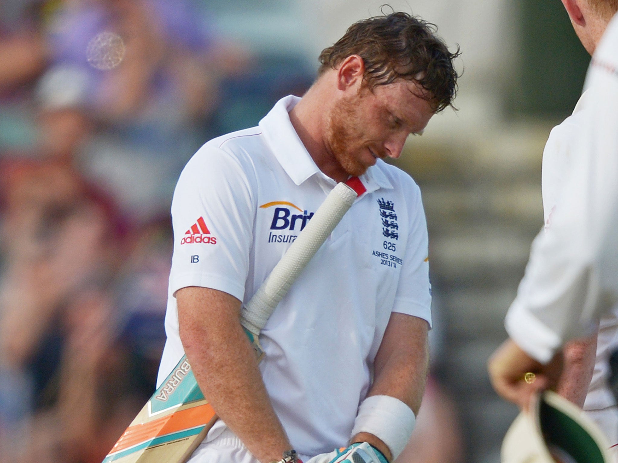Ian Bell reacts after his dismissal on the fourth day of the third Test on Monday