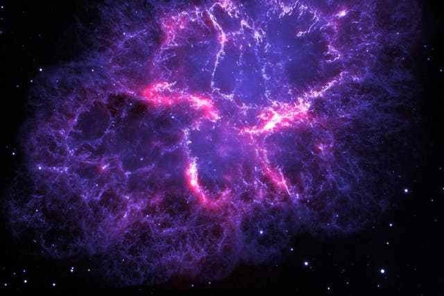 A composite image of the Crab Nebula made up of the Hubble Space Telescope image (blue) and the Herschel PACS image (red), which shows the location of the dusty filaments. The brightest (white) parts of the image show the locations of the dust and argon hydride molecules newly discovered in this remnant.
