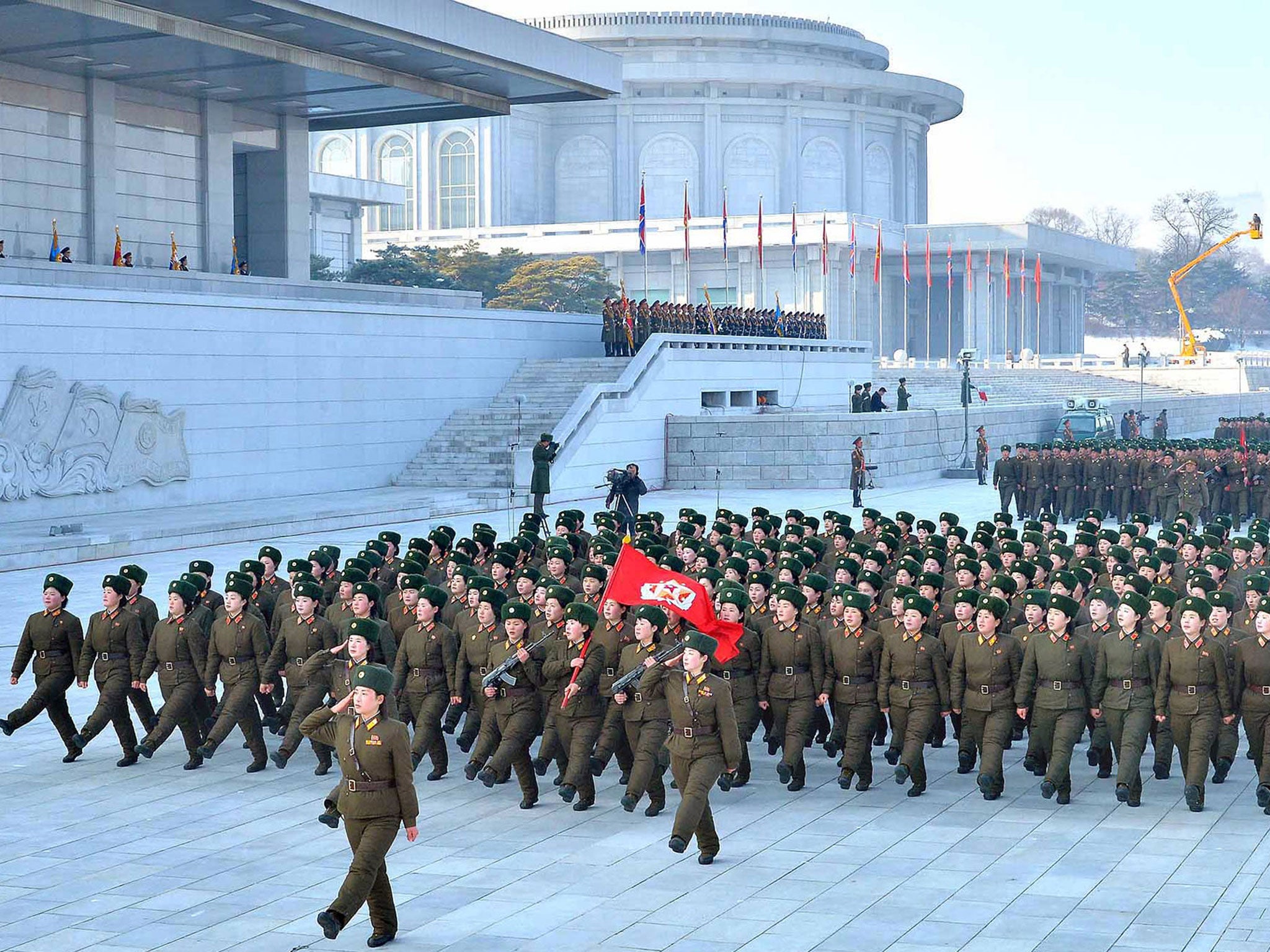 North Korean soldiers gathered at Kumsusan memorial palace in support of their leader Kim Jong-Un in Pyongyang