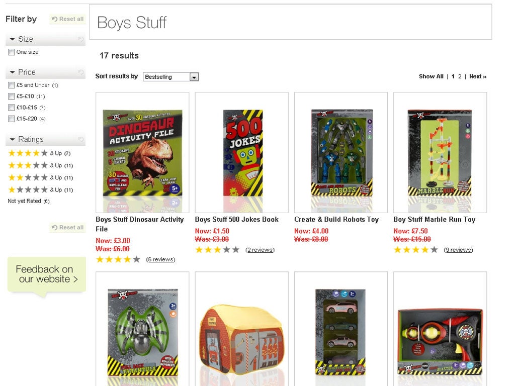 Toys that had appeared under "boys stuff" at Marks &amp; Spencer