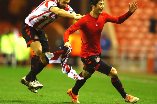 Ki Sung-Yong of Sunderland celebrates scoring the winning goal 