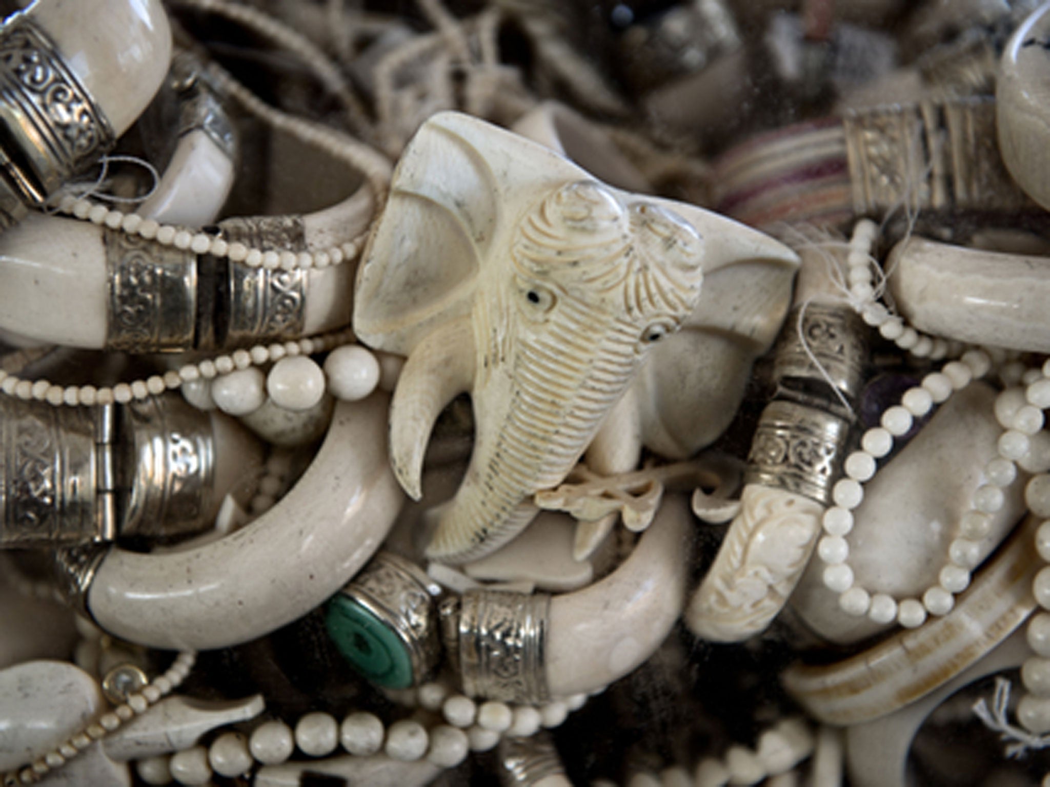 Trinkets and jewelry made from ivory are prepared to be crushed. The U.S. accounts for the second largest market for ivory in the world after China