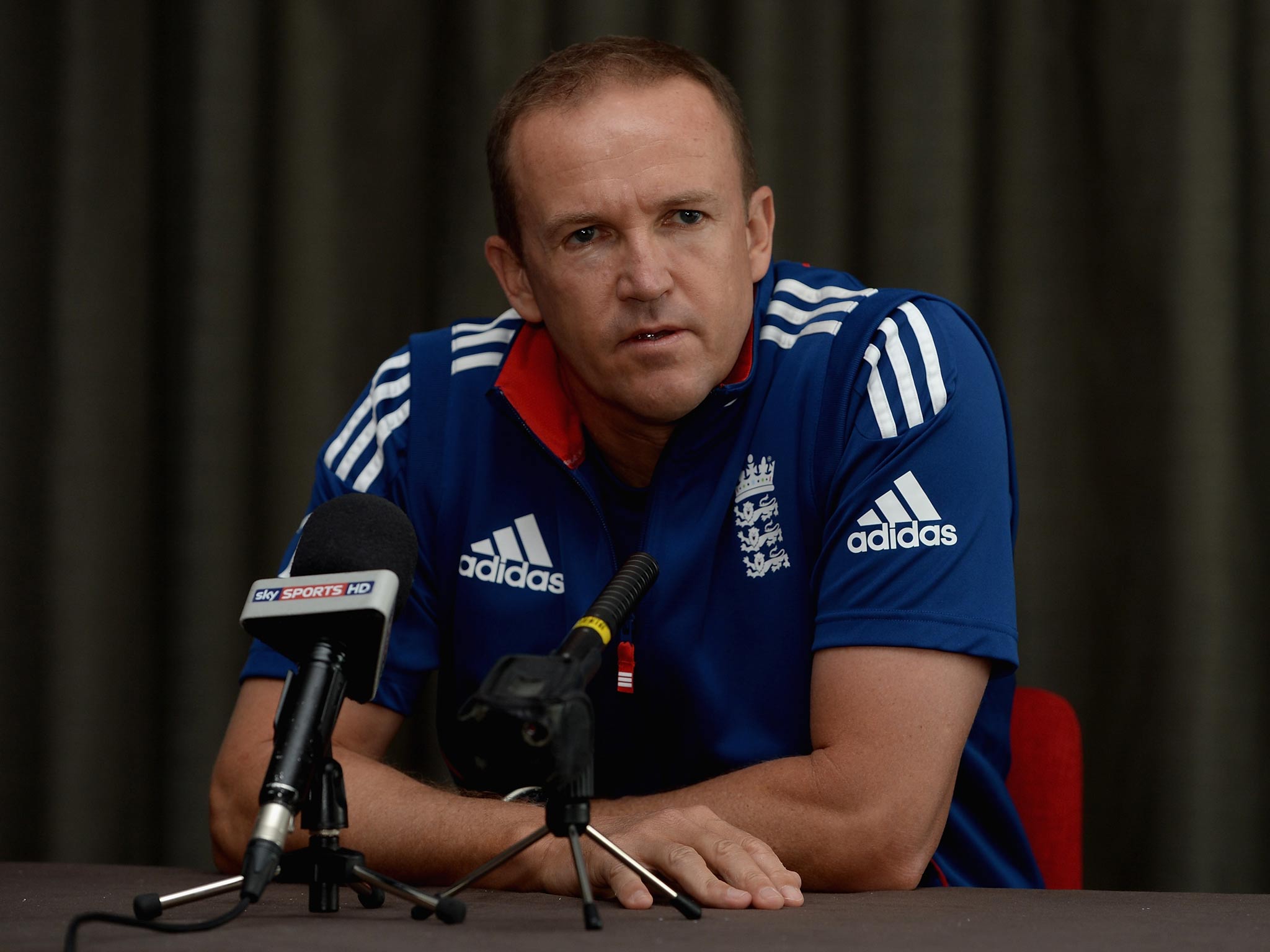 Andy Flower addresses the media after England lost the Ashes