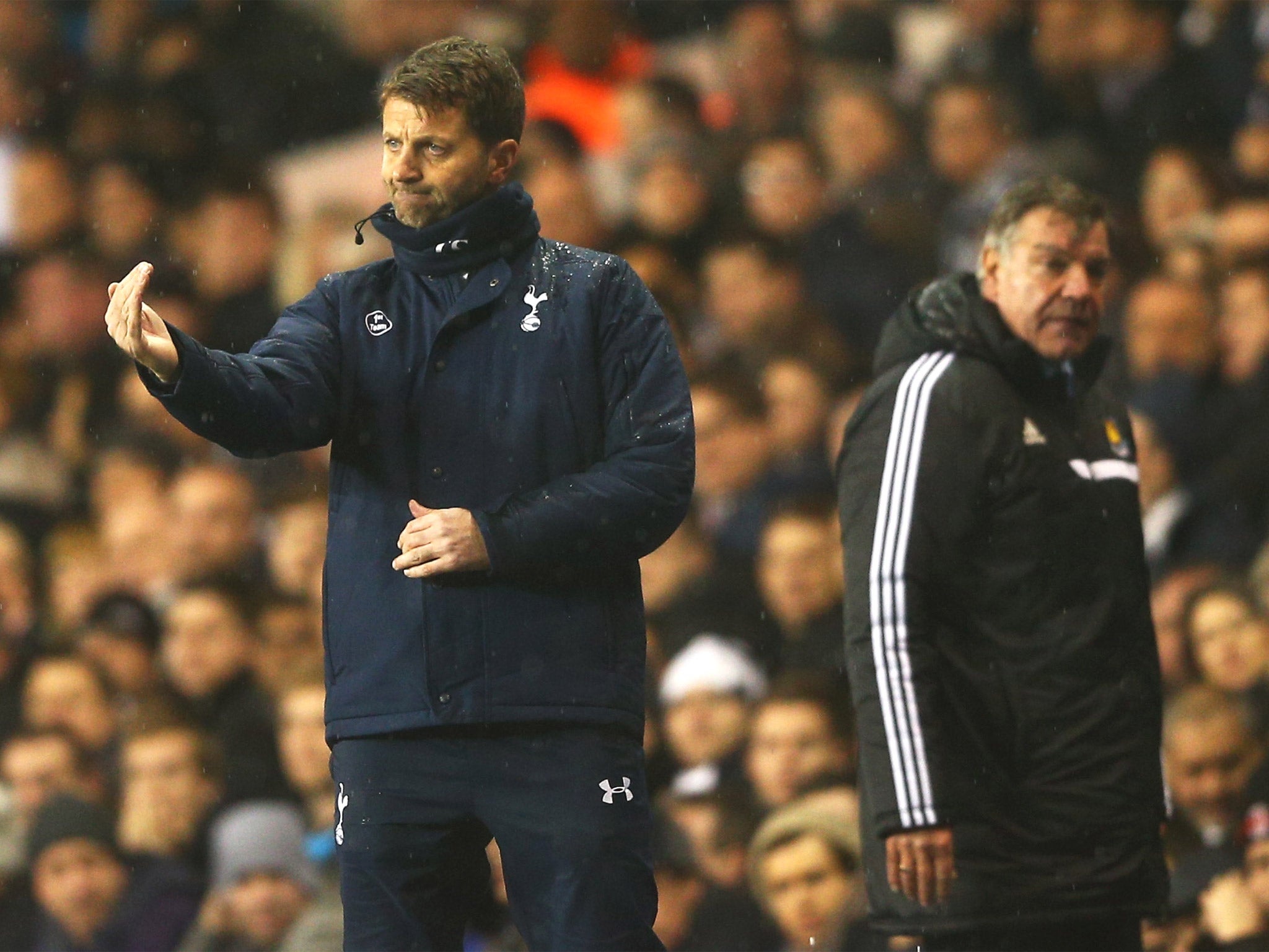 Tottenham’s new man in charge Tim Sherwood follows the action alongside the West Ham manager, Sam Allardyce