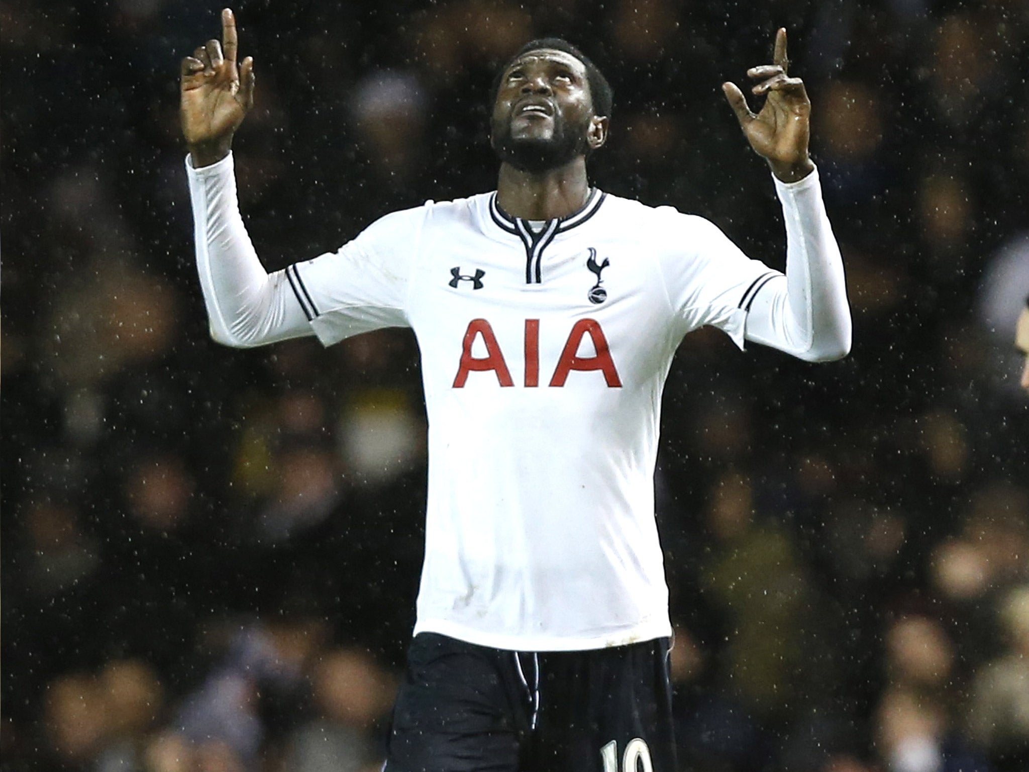 Adebayor thanks the man upstairs - not Daniel Levy in this instance