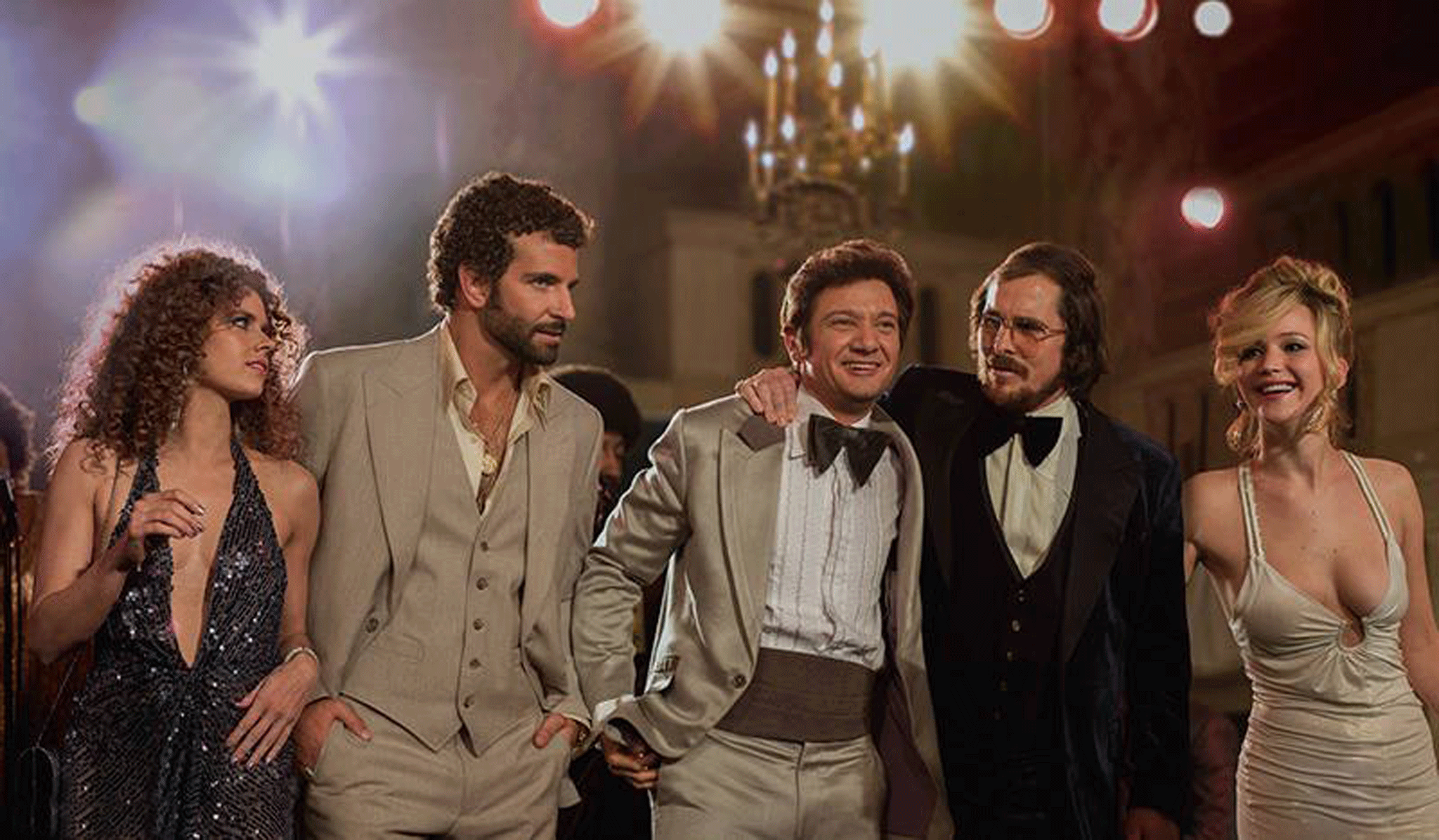 The fake team: Amy Adams, Bradley Cooper, Jeremy Renner, Christian Bale and Jennifer Lawrence in ‘American Hustle’