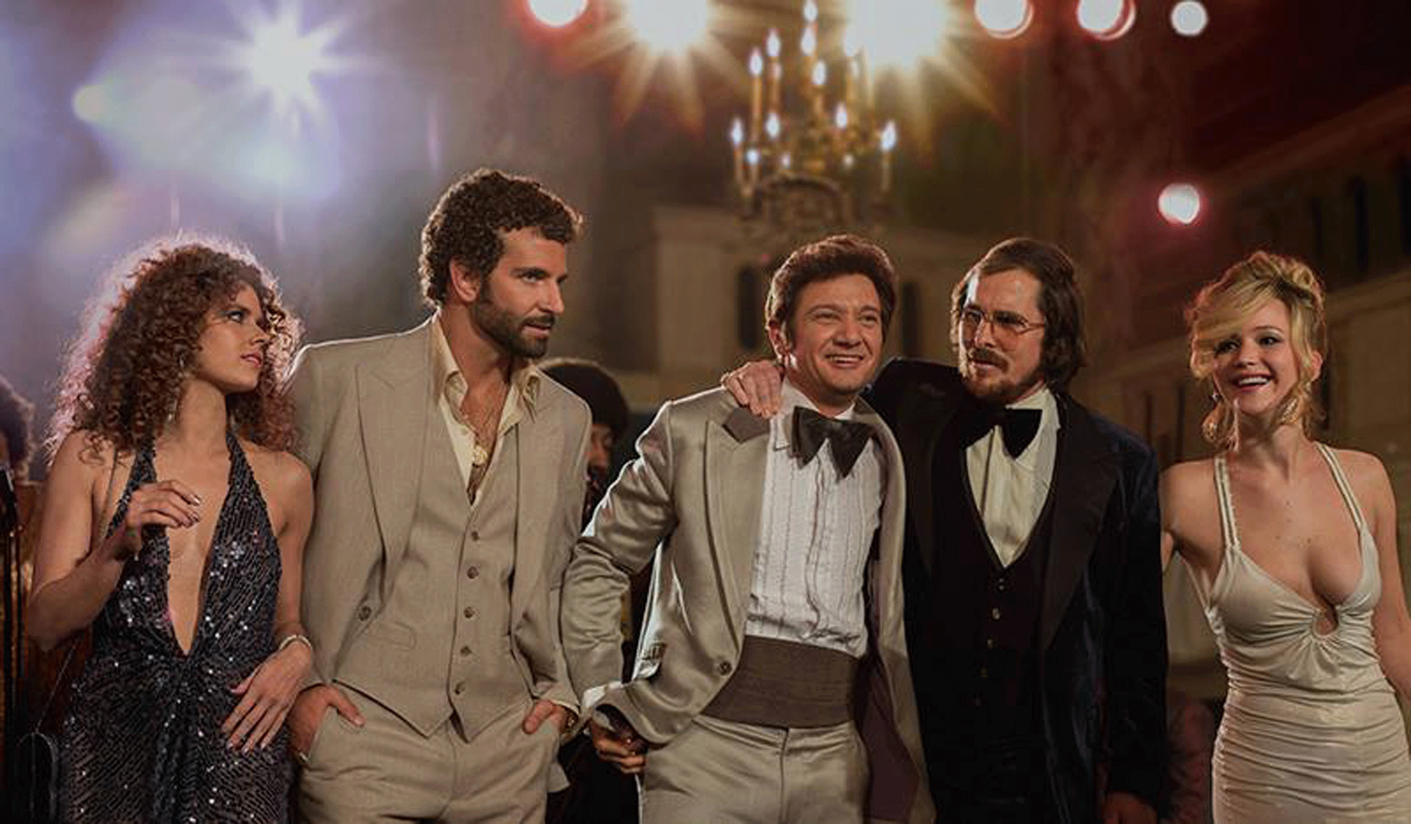 The fake team: Amy Adams, Bradley Cooper, Jeremy Renner, Christian Bale and Jennifer Lawrence in American Hustle 