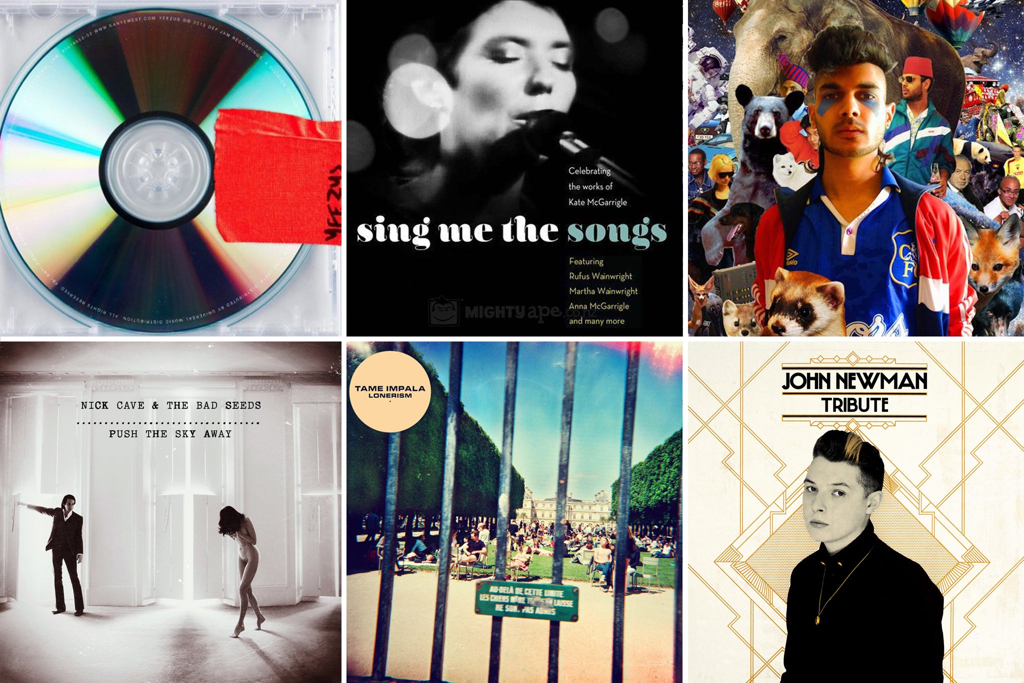 Albums of the year (from top left): Yeezus, Sing me the songs: Celebrating the works of Kate McGarrigle, Demos, Nick Cave and the Bad Seeds, Lonerism, Tribute