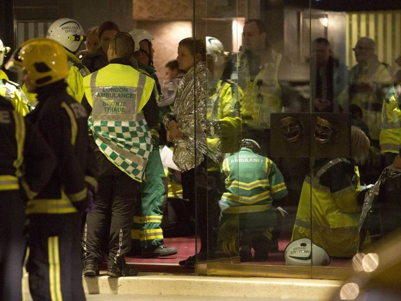 Emergency services said nearly 90 people had been injured in a packed London theatre when part of the ceiling collapsed during a performance, bringing the city's West End theatre district to a standstill