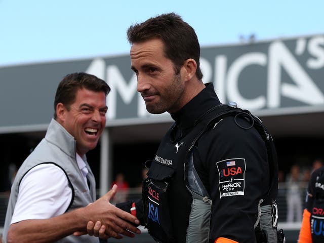 Oracle Team USA tactician Ben Ainslie participates in a dock out ceremony before the start of race six of the America's Cup finals against Emirates Team New Zealand skippered by Dean Barker in San Francisco